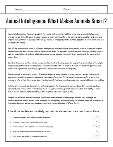 Animal Intelligence: What Makes Animals Smart?: Reading Comprehension ...
