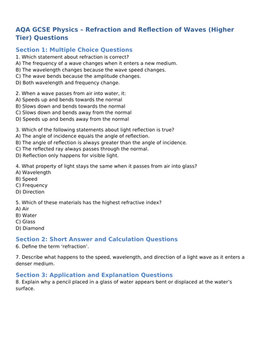 NEW AQA Physics (2016) - Reflection and Refraction