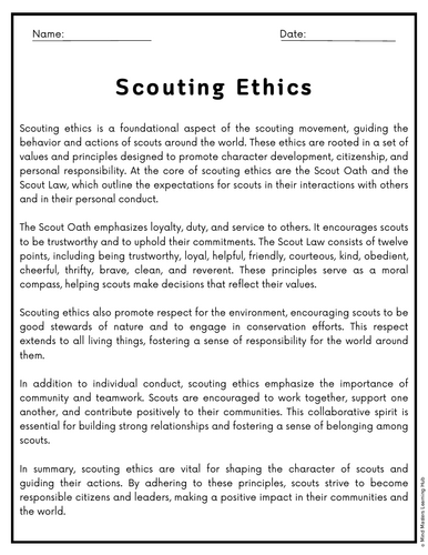Scouting Ethics Reading Comprehension Passages & Questions Worksheets ...
