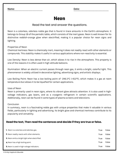 Neon - Reading Comprehension Passages & Questions Worksheets | Teaching ...