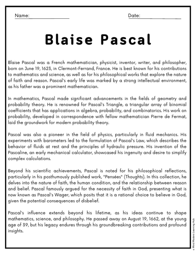 Blaise Pascal Reading Comprehension Passages & Questions Worksheets ...