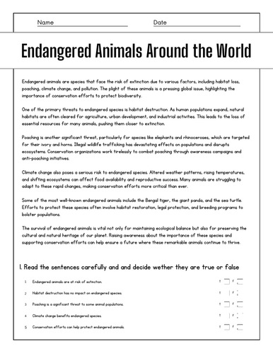 Endangered Animals Around the World: Reading Comprehension Passages ...
