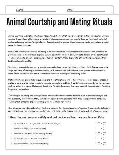 Animal Courtship and Mating Rituals: Reading Comprehension Passages ...