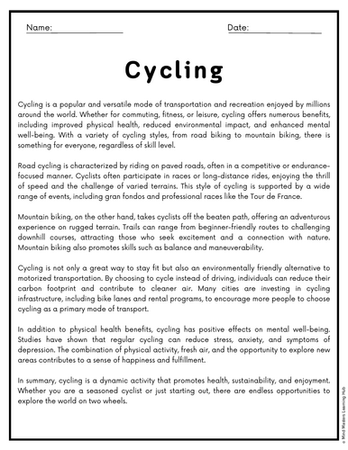 Cycling Reading Comprehension Passages & Questions Worksheets ...