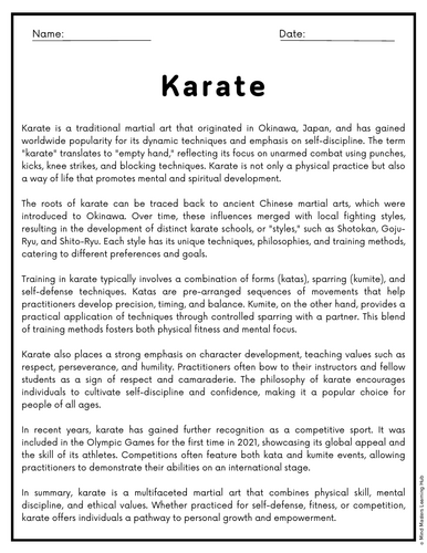 Karate Reading Comprehension Passages & Questions Worksheets | Teaching ...