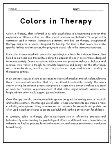 Colors in Therapy Reading Comprehension Passages & Questions Worksheets ...