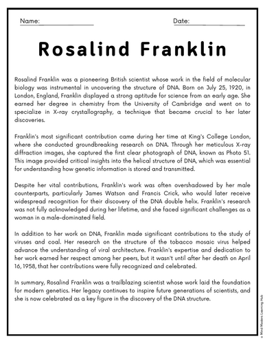 Rosalind Franklin Reading Comprehension Passages & Questions Worksheets ...