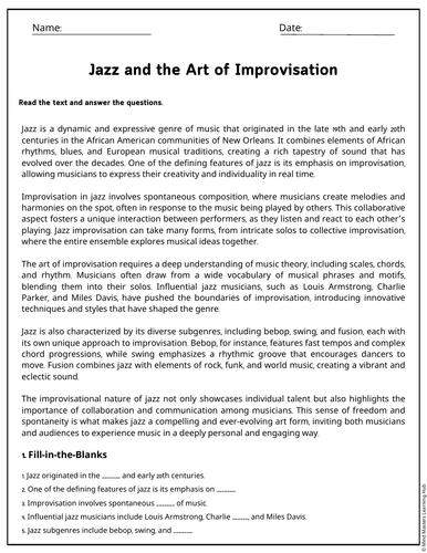Jazz and the Art of Improvisation Reading Comprehension Passages ...