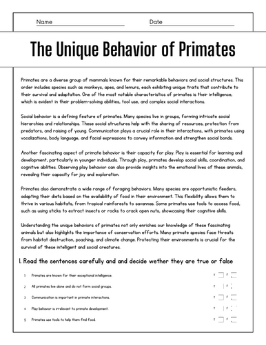 The Unique Behavior of Primates: Reading Comprehension Passages ...