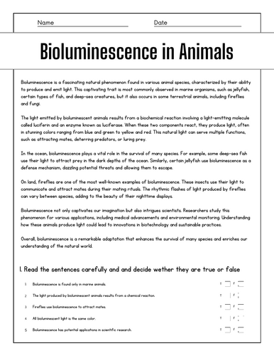 Bioluminescence in Animals: Reading Comprehension Passages & Questions ...