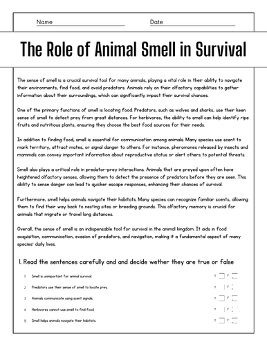 The Role of Animal Smell in Survival: Reading Comprehension Passages ...