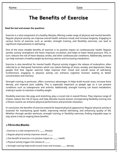 The Benefits of Exercise Reading Comprehension Passages & Questions ...