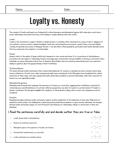 Loyalty vs. Honesty: Reading Comprehension Passages & Questions ...