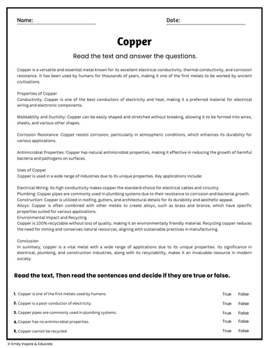 Copper - Reading Comprehension Passages & Questions Worksheets ...