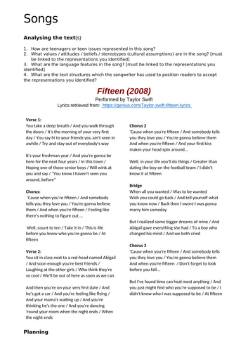 10 English – Teen Representations – Written language features (in songs ...