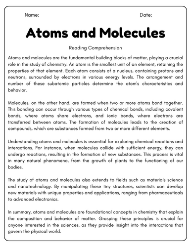 Atoms and Molecules: Reading Comprehension Passages & Questions ...