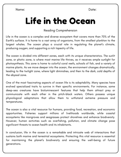 Life in the Ocean: Reading Comprehension Passages & Questions ...