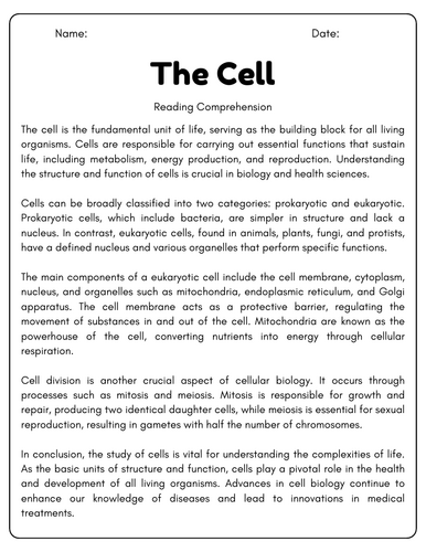 The Cell: Reading Comprehension Passages & Questions Worksheets ...