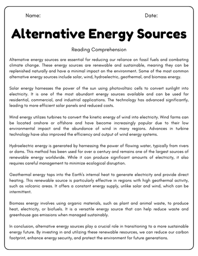 Alternative Energy Sources: Reading Comprehension Passages & Questions ...