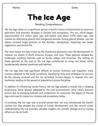 The Ice Age: Reading Comprehension Passages & Questions Worksheets ...