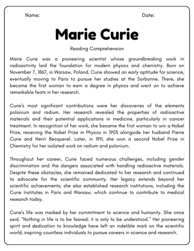 Marie Curie: Reading Comprehension Passages & Questions Worksheets ...