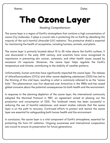 The Ozone Layer: Reading Comprehension Passages & Questions Worksheets ...
