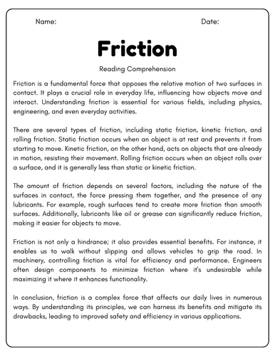 Friction: Reading Comprehension Passages & Questions Worksheets ...