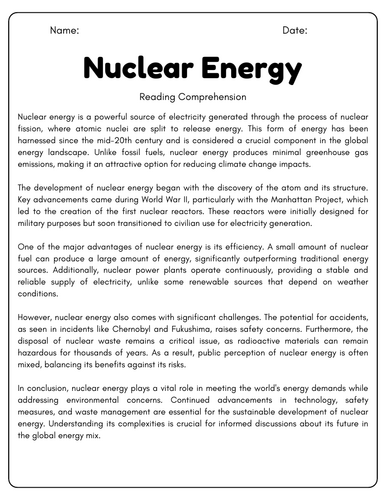 Nuclear Energy: Reading Comprehension Passages & Questions Worksheets ...
