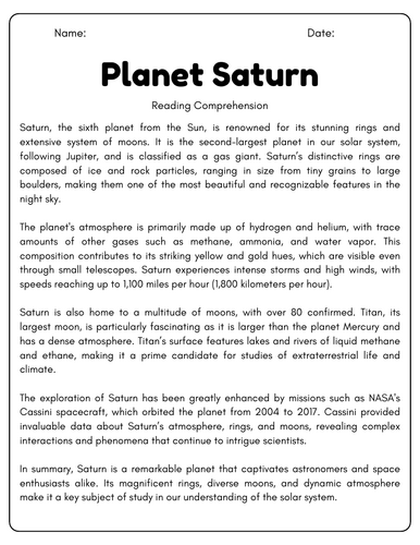 Planet Saturn: Reading Comprehension Passages & Questions Worksheets ...