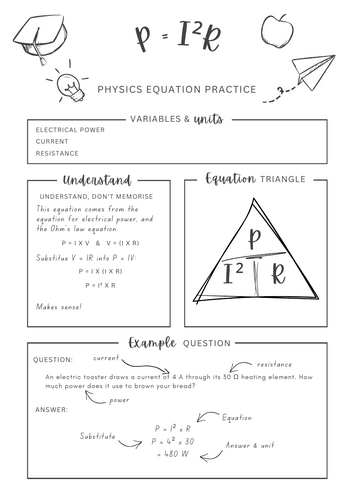 P=I²R, Power (Electrical) - Physics equation worksheet