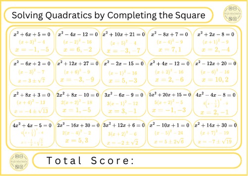 Solving Quadratics by Completing the Square - 20 Questions | Teaching ...