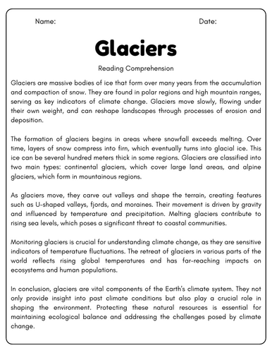 Glaciers: Reading Comprehension Passages & Questions Worksheets ...