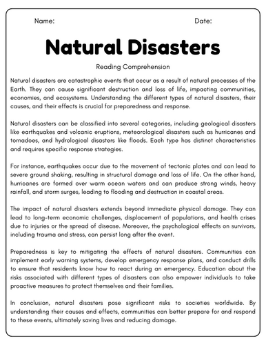 Natural Disasters: Reading Comprehension Passages & Questions ...