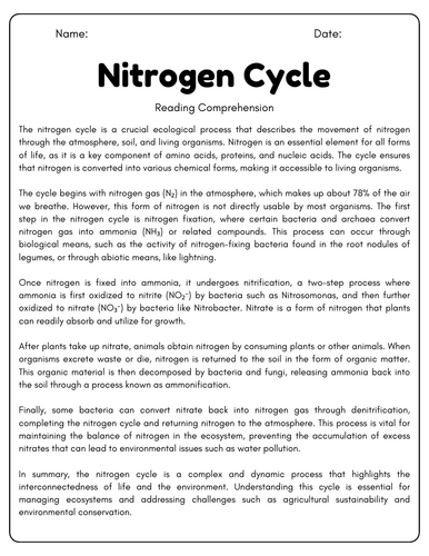 Nitrogen Cycle: Reading Comprehension Passages & Questions Worksheets ...