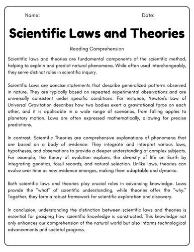 Scientific Laws and Theories: Reading Comprehension Passages ...