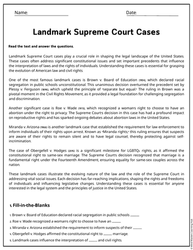 Landmark Supreme Court Cases Reading Comprehension Passages & Questions ...