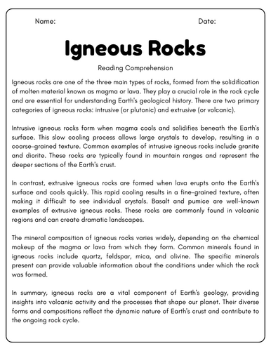Igneous Rocks: Reading Comprehension Passages & Questions Worksheets ...