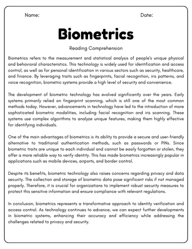 Biometrics: Reading Comprehension Passages & Questions Worksheets ...
