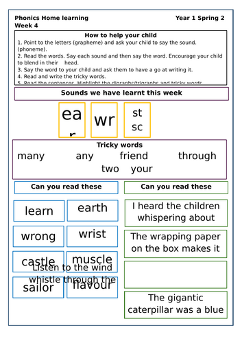 Little Wandle Homework sheet Year 1 Spring 2 Week 1-5 | Teaching Resources