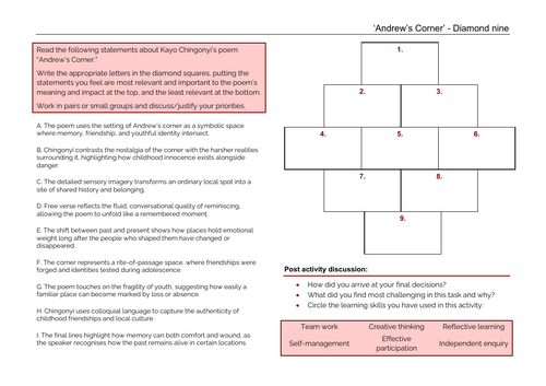 Kayo Chingonyi Poetry: Andrew's Corner Diamond 9 Worksheet | Teaching ...