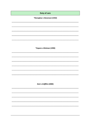 Liability in negligence - cases and statutes worksheets (AQA A-level ...