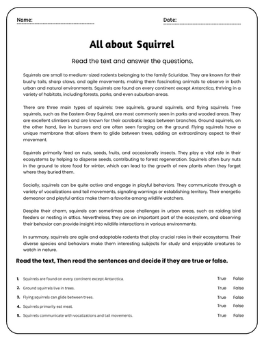All About Squirrels - Reading Comprehension Passages & Questions ...