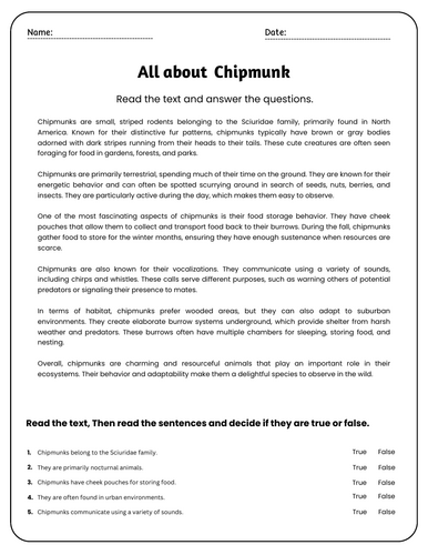 All About Chipmunks - Reading Comprehension Passages & Questions ...