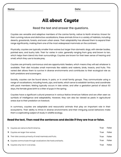All About Coyotes - Reading Comprehension Passages & Questions ...