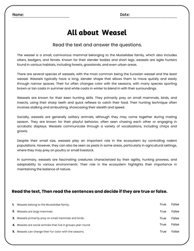 All About Weasels - Reading Comprehension Passages & Questions ...