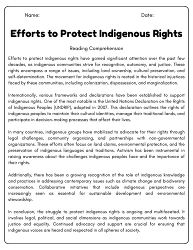 Efforts to Protect Indigenous Rights: Reading Comprehension Passages ...