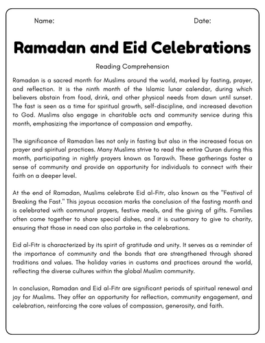 Ramadan and Eid Celebrations: Reading Comprehension Passages ...