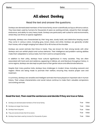 All About Donkeys Reading Comprehension Passages & Questions Worksheets ...