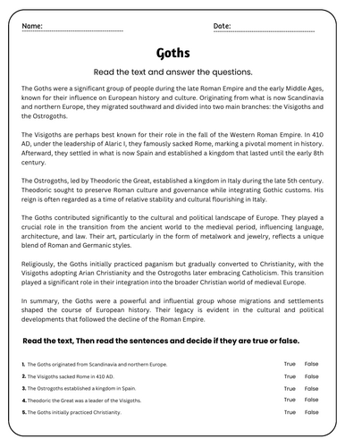 All About Goths Reading Comprehension Passages & Questions Worksheets ...