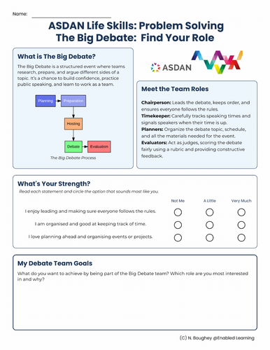 ASDAN Life Skills - Problem Solving - Planning the Big Debate